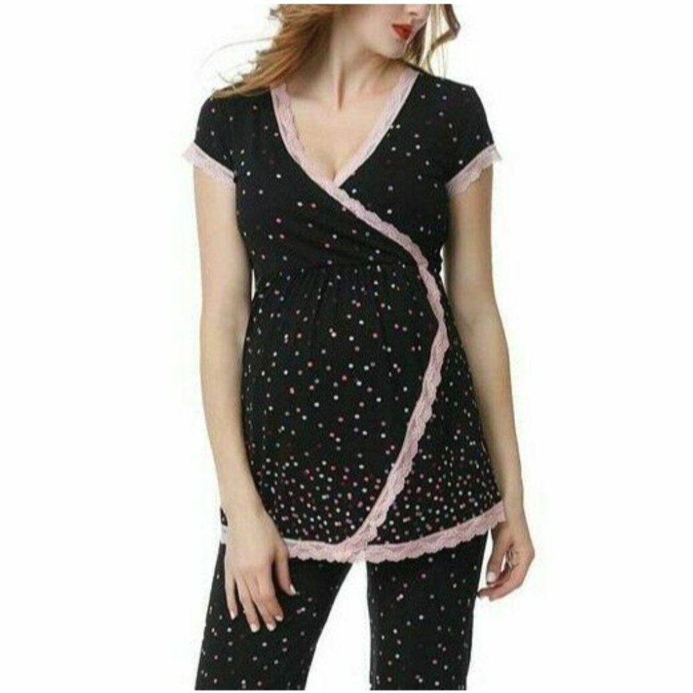 NWT! Kimi & Kai Women's Sz L Joyce Maternity Nursing Pajama Top Polka Dots
